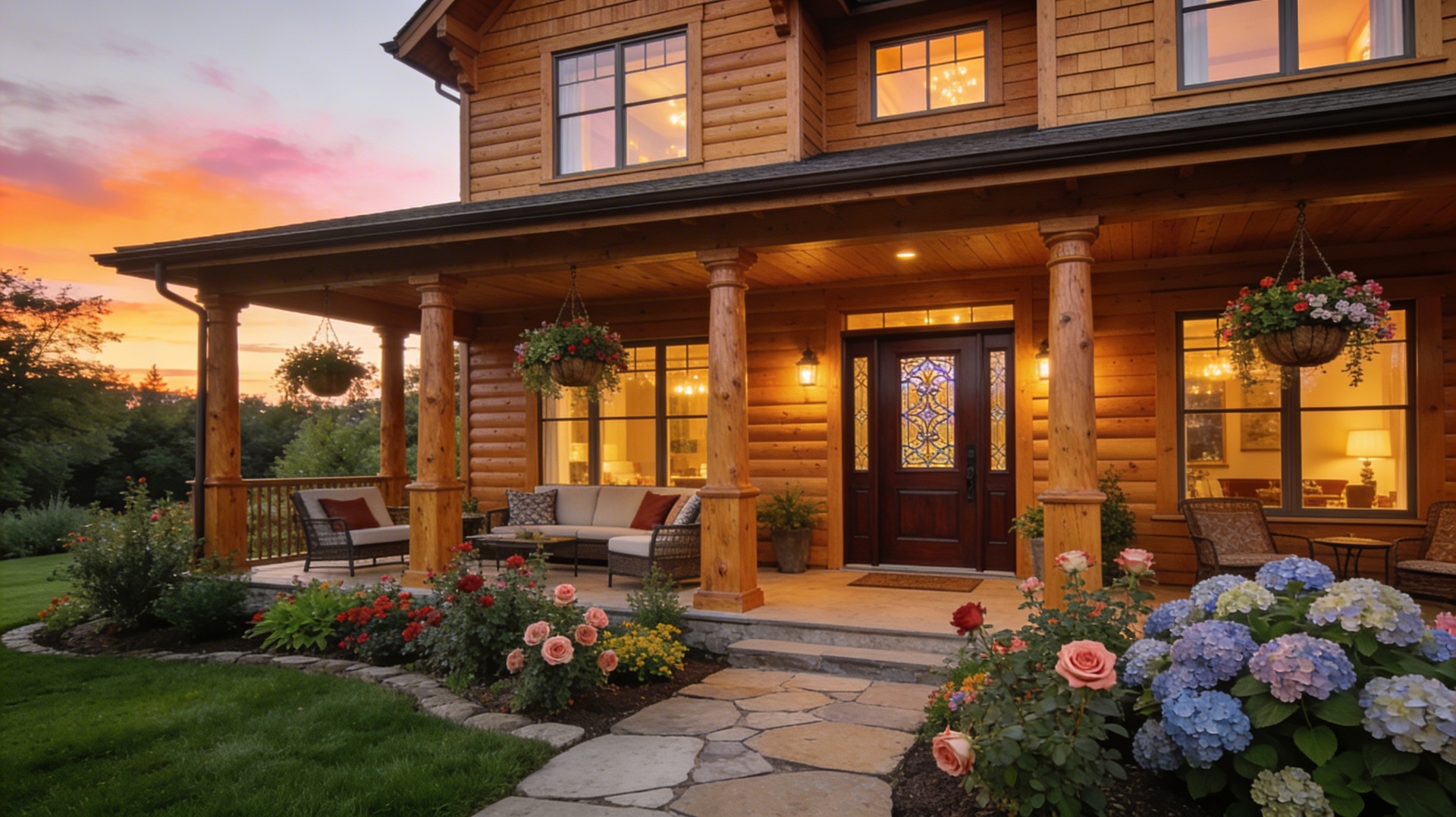 Finished wooden home at sunset